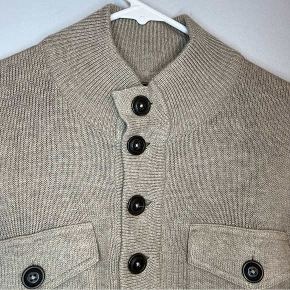 Gap Mens Sweater Large Tan Henley Wool Blend Double Elbows Mock Neck Pockets - Picture 5 of 12